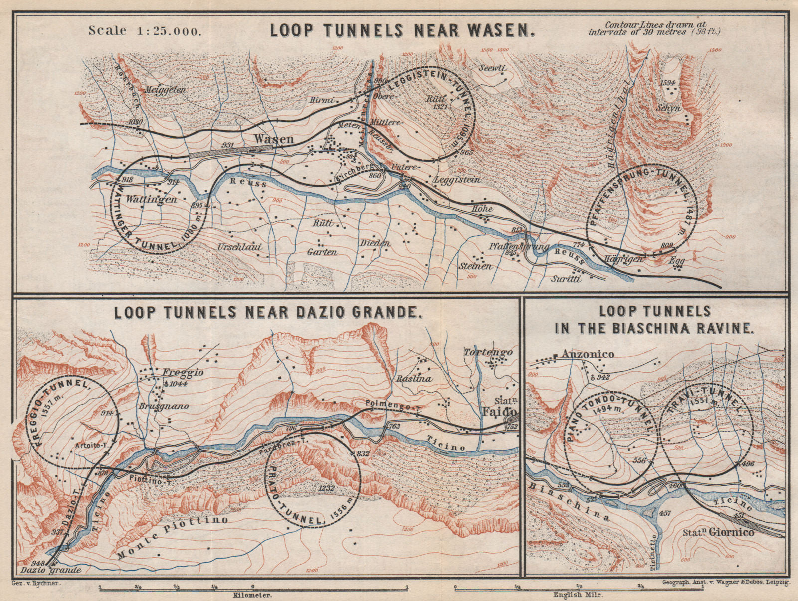 ST GOTTHARD RAILWAY SPIRAL/LOOP TUNNELS Wassen Freggio Prato Biaschina 1889 map